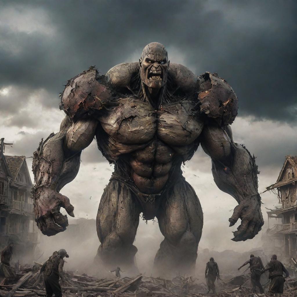 An average-sized titan has suddenly arrived, chasing after the horrified townfolk among the destruction caused by the 10,000 towering titans. The scenes of fright and chaos continue to amplify under the ominous cloudy sky.