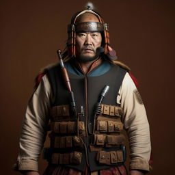 A Hollywood-style kidnapper commander in Mongolian traditional attire, contrasted with a modern bullet-proof vest, presenting a fusion of ancient culture and contemporary danger.