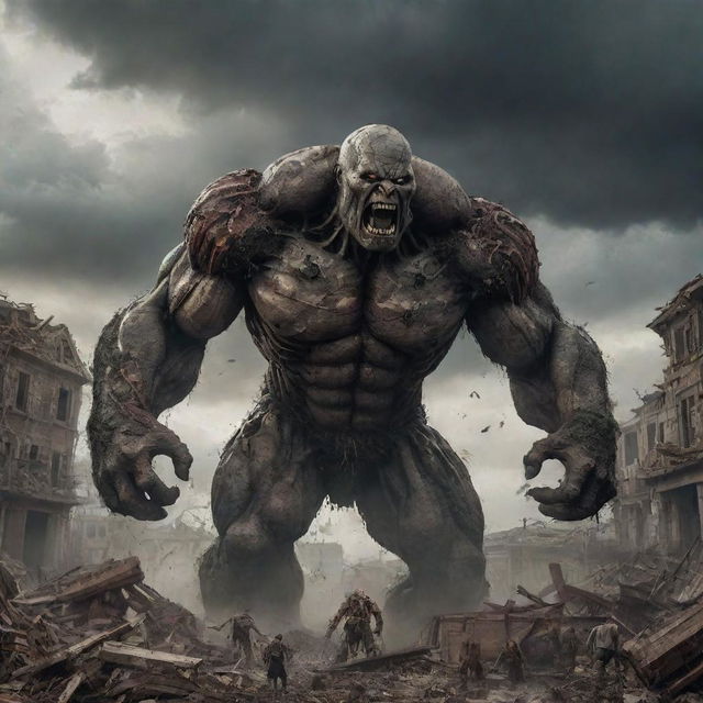 An average-sized titan has suddenly arrived, chasing after the horrified townfolk among the destruction caused by the 10,000 towering titans. The scenes of fright and chaos continue to amplify under the ominous cloudy sky.