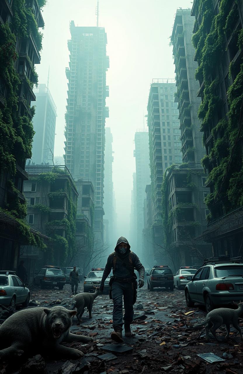 A post-apocalyptic city landscape overrun by nature, showcasing crumbling skyscrapers covered in vines and moss