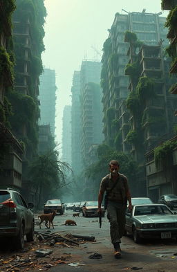 A post-apocalyptic city landscape overrun by nature, showcasing crumbling skyscrapers covered in vines and moss