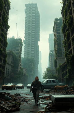 A post-apocalyptic city landscape overrun by nature, showcasing crumbling skyscrapers covered in vines and moss