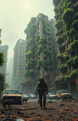 A post-apocalyptic city landscape overrun by nature, showcasing crumbling skyscrapers covered in vines and moss
