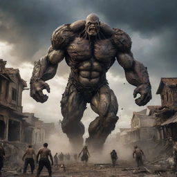 An average-sized titan has suddenly arrived, chasing after the horrified townfolk among the destruction caused by the 10,000 towering titans. The scenes of fright and chaos continue to amplify under the ominous cloudy sky.