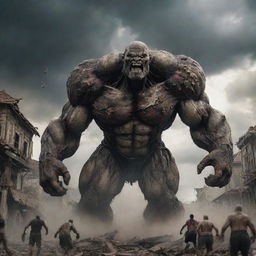 An average-sized titan has suddenly arrived, chasing after the horrified townfolk among the destruction caused by the 10,000 towering titans. The scenes of fright and chaos continue to amplify under the ominous cloudy sky.