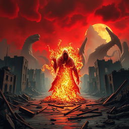 An apocalyptic landscape featuring destroyed buildings and a blood-red sky, with a figure cloaked in chaotic energy standing at the center