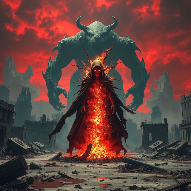 An apocalyptic landscape featuring destroyed buildings and a blood-red sky, with a figure cloaked in chaotic energy standing at the center