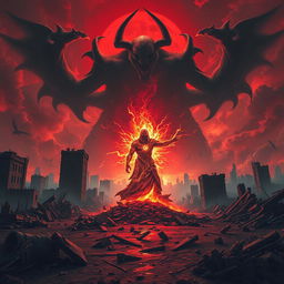 An apocalyptic landscape featuring destroyed buildings and a blood-red sky, with a figure cloaked in chaotic energy standing at the center