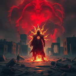 An apocalyptic landscape featuring destroyed buildings and a blood-red sky, with a figure cloaked in chaotic energy standing at the center