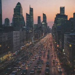 A bustling big city at dusk, with illuminated skyscrapers piercing the twilight sky and busy streets filled with cars and people