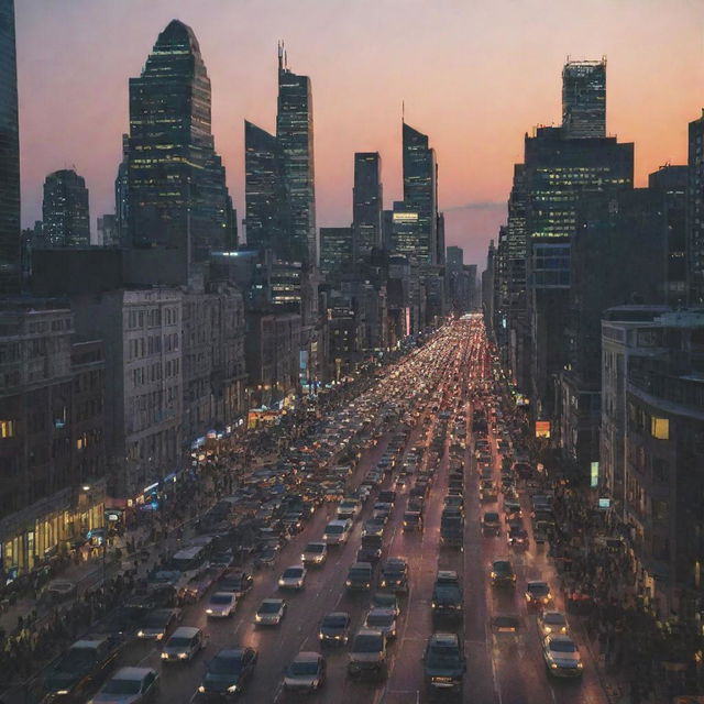 A bustling big city at dusk, with illuminated skyscrapers piercing the twilight sky and busy streets filled with cars and people