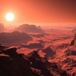 A stunning view of Mars showcasing its red, rocky surface illuminated by a distant sun