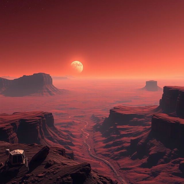 A stunning view of Mars showcasing its red, rocky surface illuminated by a distant sun