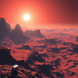 A stunning view of Mars showcasing its red, rocky surface illuminated by a distant sun