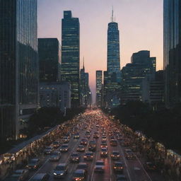 A bustling big city at dusk, with illuminated skyscrapers piercing the twilight sky and busy streets filled with cars and people