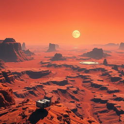 A stunning view of Mars showcasing its red, rocky surface illuminated by a distant sun