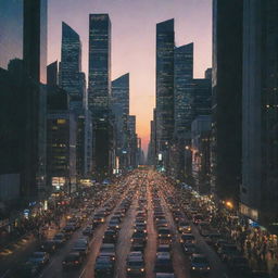 A bustling big city at dusk, with illuminated skyscrapers piercing the twilight sky and busy streets filled with cars and people