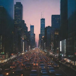 A bustling big city at dusk, with illuminated skyscrapers piercing the twilight sky and busy streets filled with cars and people