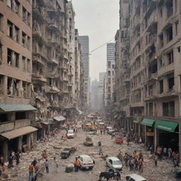 The bustling big city during an earthquake, with buildings shaking, streets cracking open, and people reacting in surprise and fear