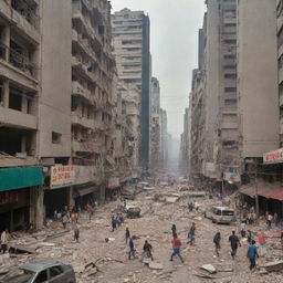 The bustling big city during an earthquake, with buildings shaking, streets cracking open, and people reacting in surprise and fear