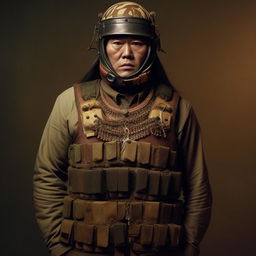 A Hollywood-style kidnapper commander in Mongolian traditional attire, contrasted with a modern bullet-proof vest, presenting a fusion of ancient culture and contemporary danger.