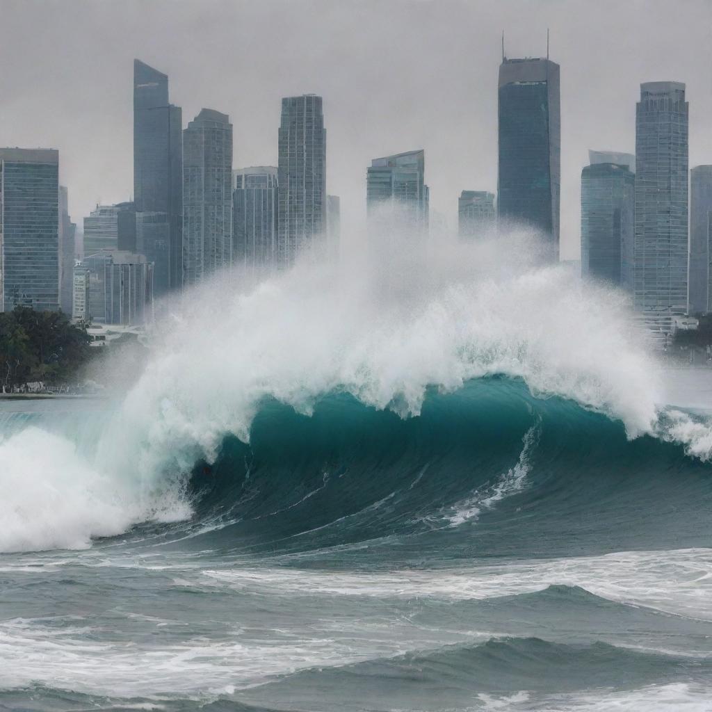 The bustling big city during a sudden tsunami, with a towering wave approaching from a distance, shattering glass from the skyscrapers reflecting the impending doom