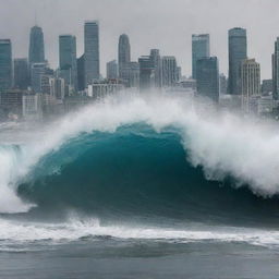 The bustling big city during a sudden tsunami, with a towering wave approaching from a distance, shattering glass from the skyscrapers reflecting the impending doom