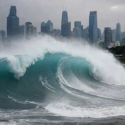 The bustling big city during a sudden tsunami, with a towering wave approaching from a distance, shattering glass from the skyscrapers reflecting the impending doom