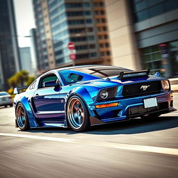 A vibrant, high-detail image of a widebody 2006 Ford Mustang, showcasing its aggressive stance and custom modifications