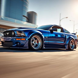 A vibrant, high-detail image of a widebody 2006 Ford Mustang, showcasing its aggressive stance and custom modifications