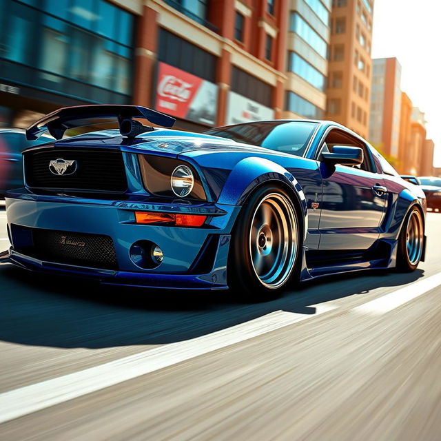 A vibrant, high-detail image of a widebody 2006 Ford Mustang, showcasing its aggressive stance and custom modifications