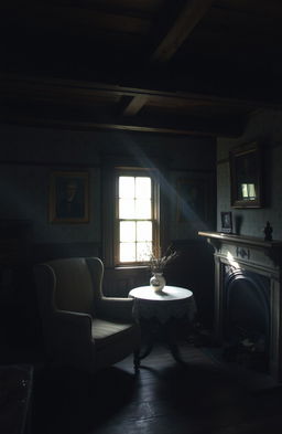 A dimly lit interior of an old, rustic house with wooden beams and vintage furnishings