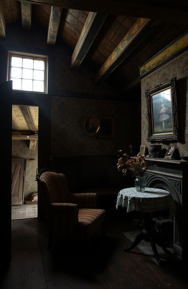 A dimly lit interior of an old, rustic house with wooden beams and vintage furnishings