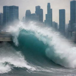 The bustling big city during a sudden tsunami, with a towering wave approaching from a distance, shattering glass from the skyscrapers reflecting the impending doom