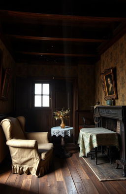 A dimly lit interior of an old, rustic house with wooden beams and vintage furnishings