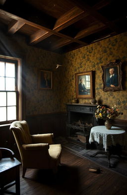 A dimly lit interior of an old, rustic house with wooden beams and vintage furnishings
