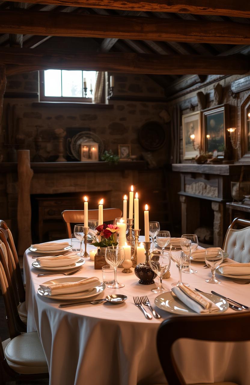 A beautifully set dinner table in an old, rustic house