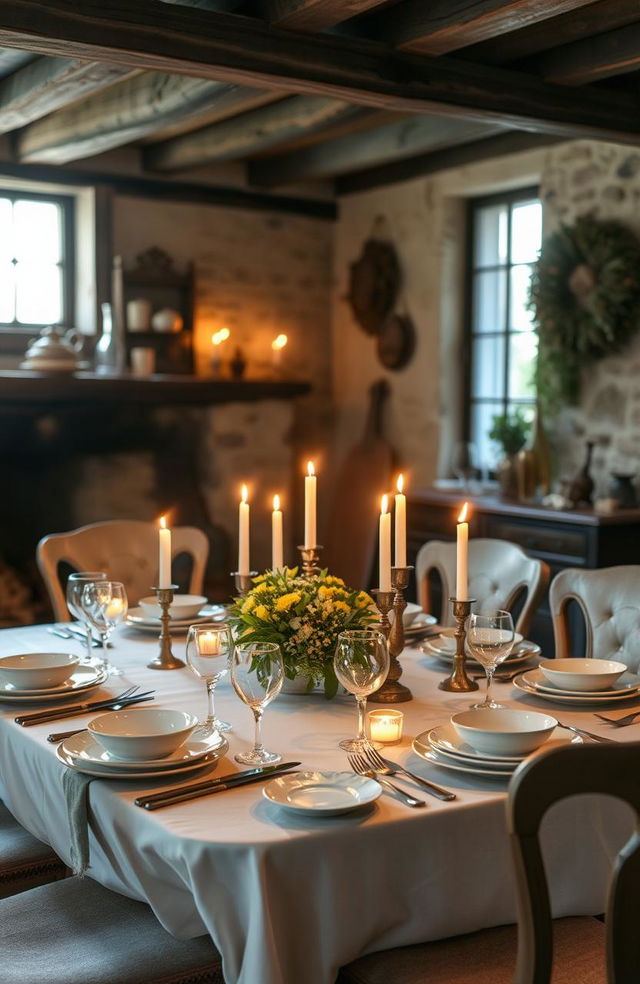 A beautifully set dinner table in an old, rustic house