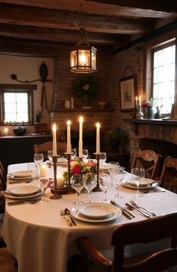 A beautifully set dinner table in an old, rustic house