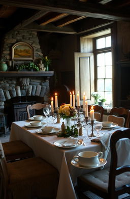 A beautifully set dinner table in an old, rustic house