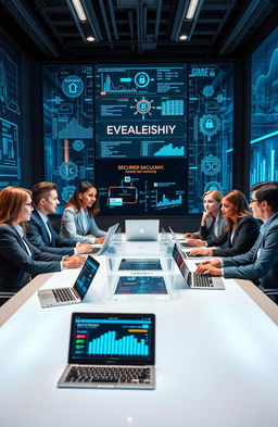 A dynamic and empowering scene of a modern cybersecurity leadership meeting, showcasing a diverse group of professionals engaged in discussions about security strategies, technology advancements, and teamwork
