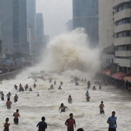 The bustling big city as a tsunami approaches; panicked people running and screaming, desperately trying to escape the impending wave