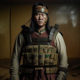 A Hollywood-style kidnapper commander in Mongolian traditional attire, contrasted with a modern bullet-proof vest, presenting a fusion of ancient culture and contemporary danger.