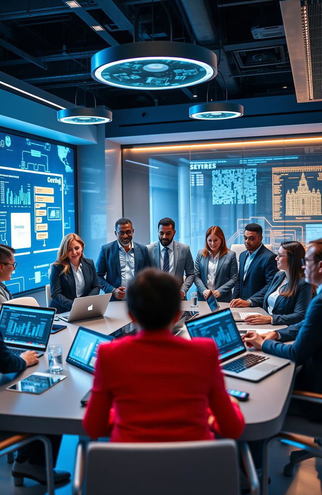 A dynamic and empowering scene of a modern cybersecurity leadership meeting, showcasing a diverse group of professionals engaged in discussions about security strategies, technology advancements, and teamwork