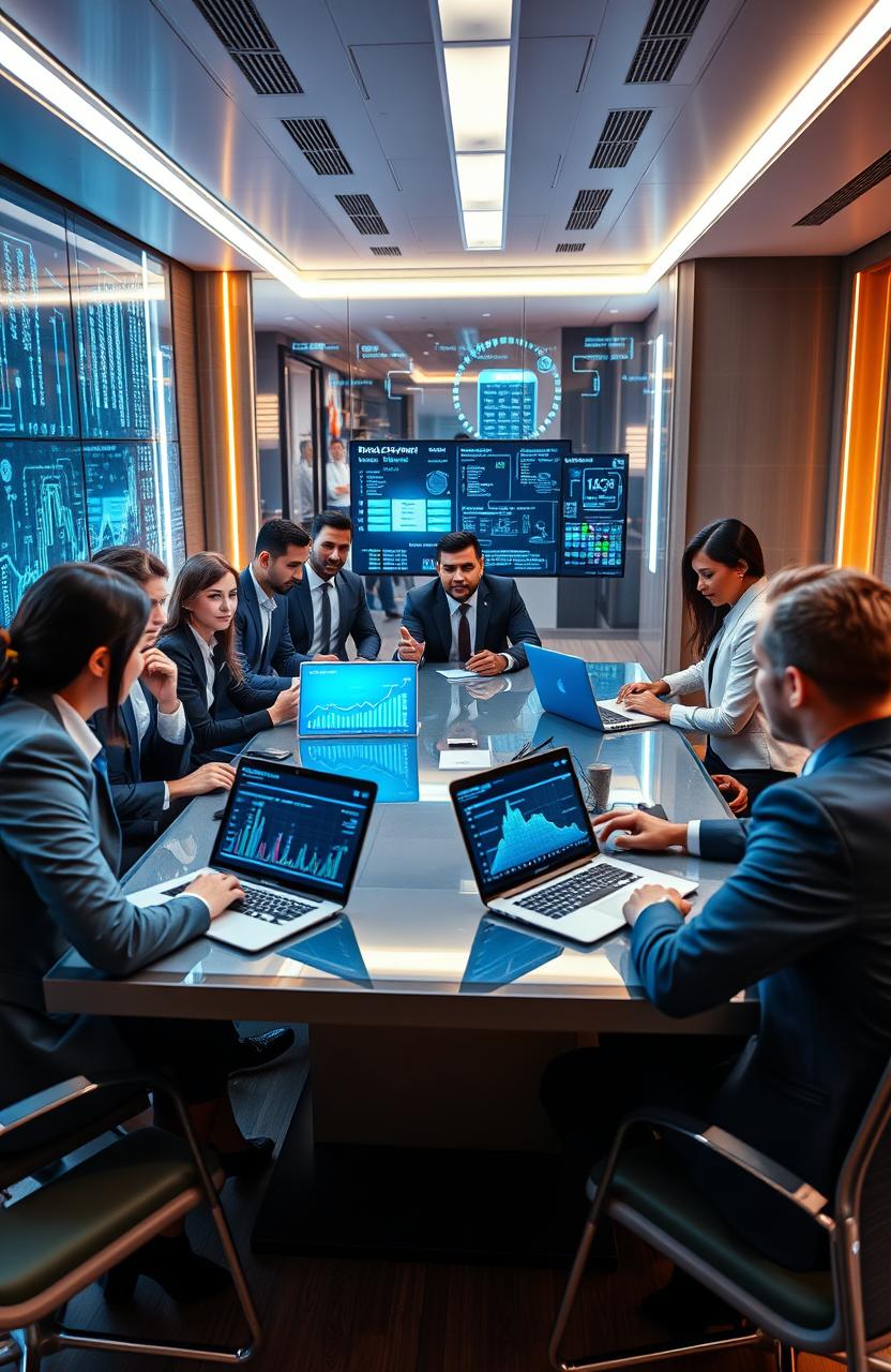 A dynamic and empowering scene of a modern cybersecurity leadership meeting, showcasing a diverse group of professionals engaged in discussions about security strategies, technology advancements, and teamwork