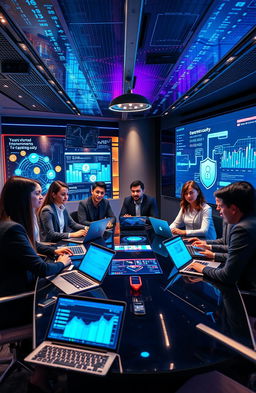 A dynamic and empowering scene of a modern cybersecurity leadership meeting, showcasing a diverse group of professionals engaged in discussions about security strategies, technology advancements, and teamwork