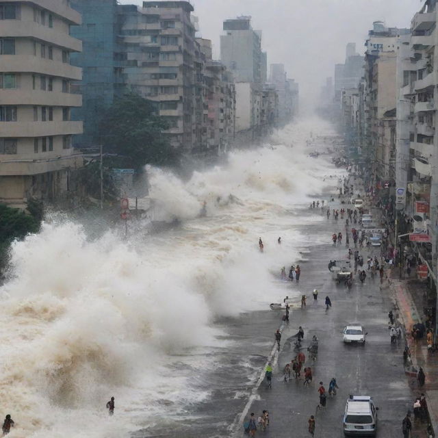 The bustling big city as a tsunami approaches; panicked people running and screaming, desperately trying to escape the impending wave