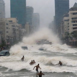 The bustling big city as a tsunami approaches; panicked people running and screaming, desperately trying to escape the impending wave