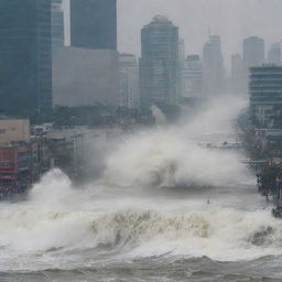 The bustling big city as a tsunami approaches; panicked people running and screaming, desperately trying to escape the impending wave