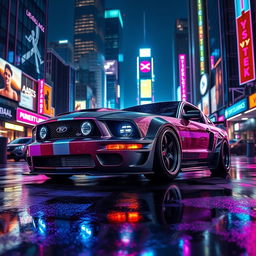 A sleek 2006 Ford Mustang with a widebody design, featuring mismatched body panels and a prominent transmission cooler integrated into the front bumper